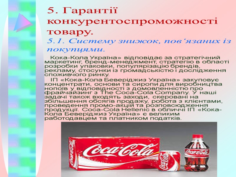 5. Гарантії конкурентоспроможності товару. 5.1. Cистему знижок, пов‘язаних із покупцями. Кока-Кола Україна» відповідає за